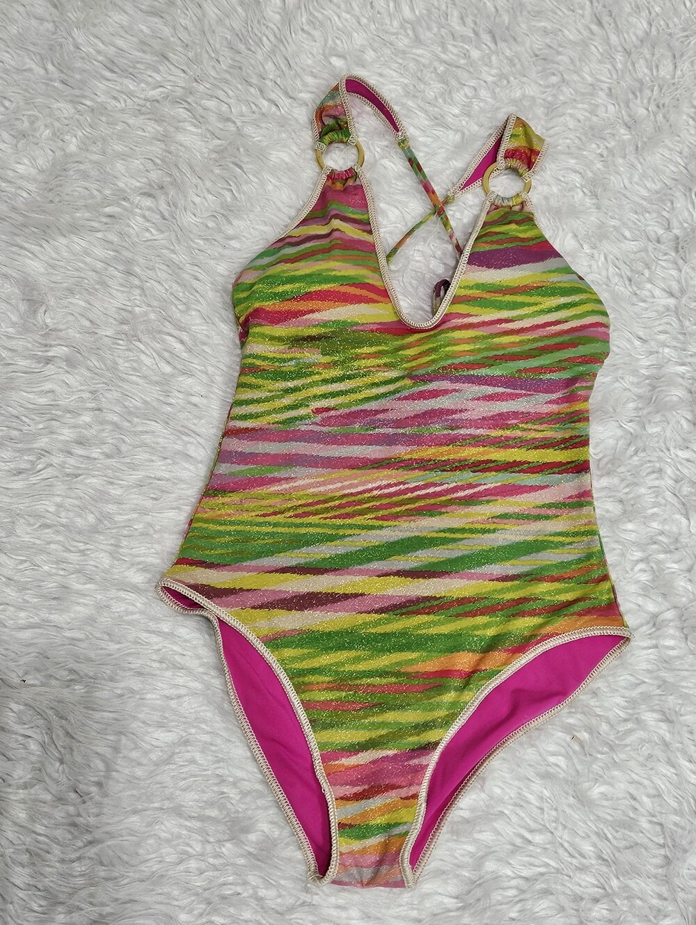 BECCA Vibrant Multicolor Striped One-Piece Swimsuit - Pink, Green, Yellow